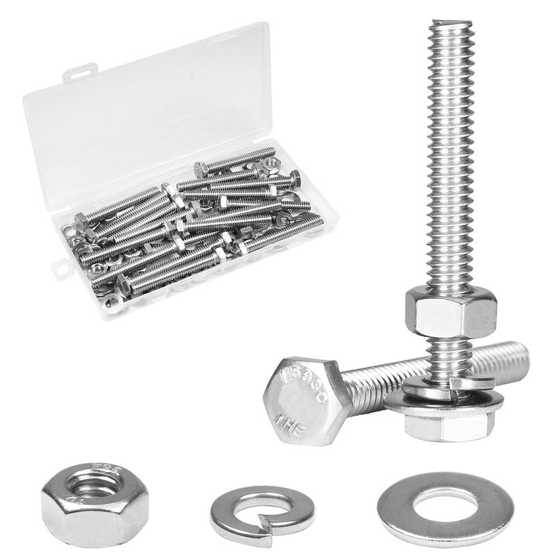 Yinpecly 20 Sets 1/4-20 x 2 Hex Head Screw Bolt, Nuts, Flat & Lock Washers, Stainless Steel 304, Machine Fully Thread Hex Bolts, Bright Finish Hexagon Bolt, Nuts and Bolts Assortment Kit - Image 1